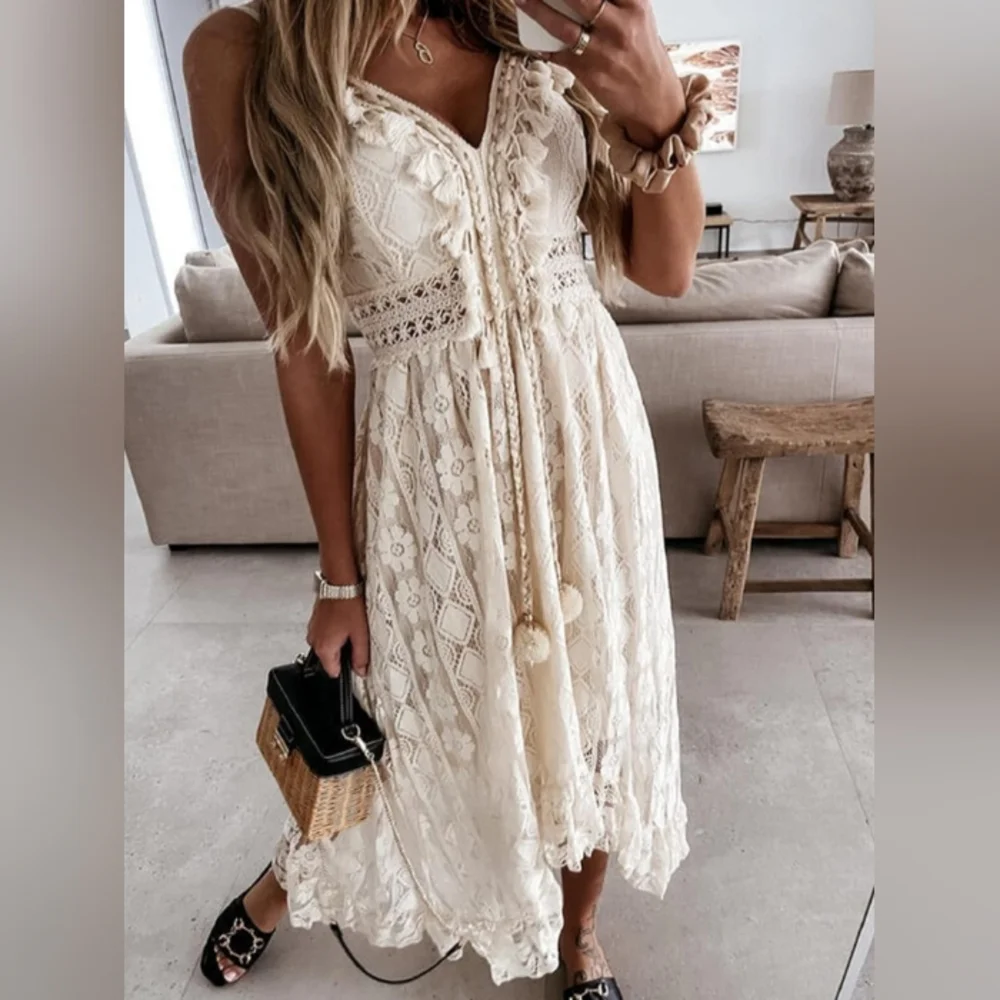 Boho White Lace Maxi Dress with Tassel Tie